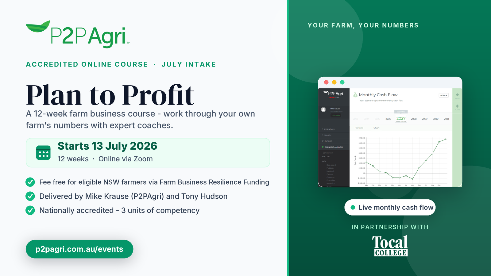 Plan to Profit farm business course with Tocal College, starting 13 July 2026, shown on the P2PAgri monthly cash flow screen