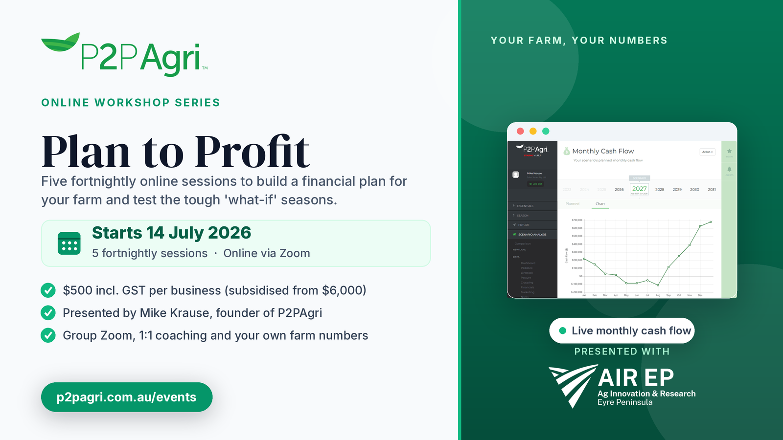 Plan to Profit workshop series with AIR EP, starting 14 July 2026, shown on the P2PAgri monthly cash flow screen
