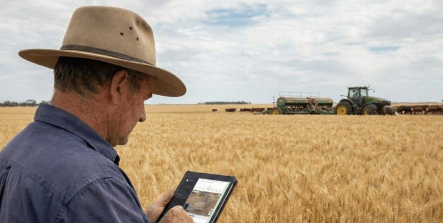 Australian farmer reviewing P2PAgri financial planning software on tablet in wheat field