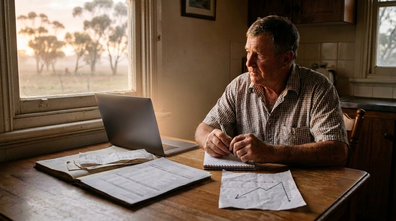 An Australian farmer at a farmhouse table comparing past financial records and a laptop with a hand-drawn forward plan at sunrise