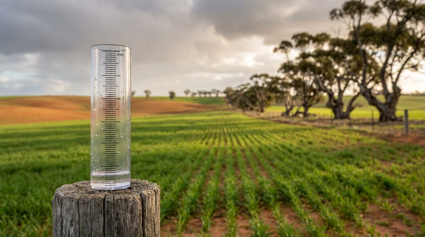 A rain gauge on a weathered fence post at the edge of a green wheat paddock in winter, with grey clouds clearing over rolling Australian cropping country